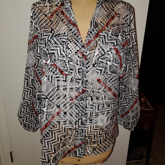Ruby Rd. Black, white & red sheer button down - Picture 6 of 7